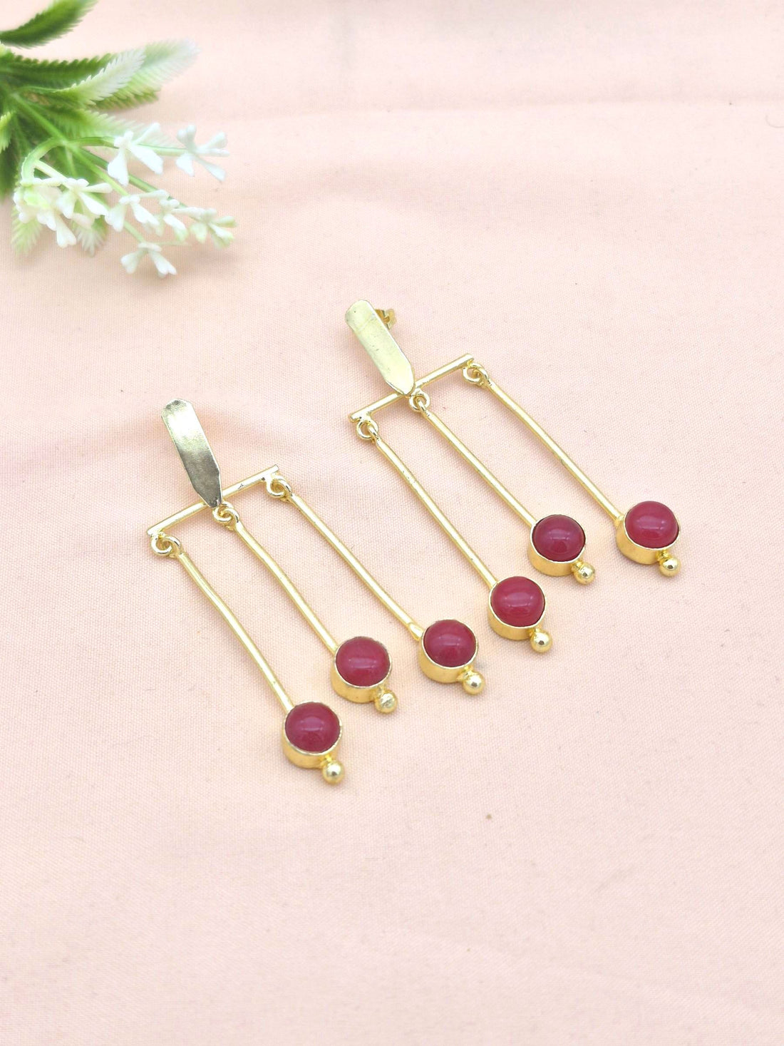 Gorgeous Gold plated Dangle Earrings - Red Glass Stone Hanging Designer Jewelry