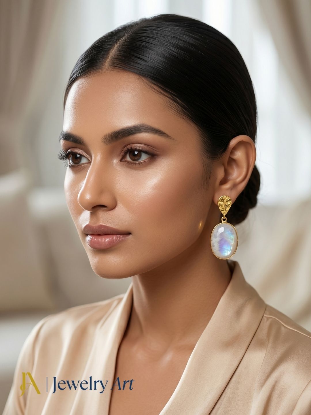 Fashion model wearing designer white rainbow dangle earrings for women
