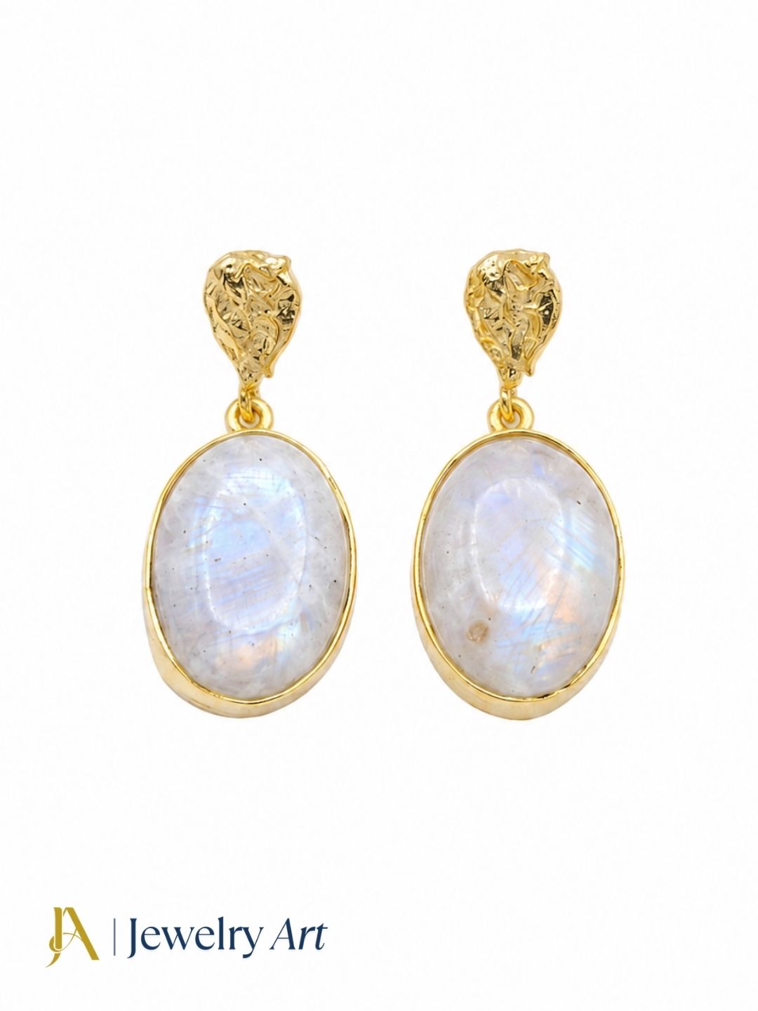 Designer white rainbow stone earrings with gold plated finish on white background
