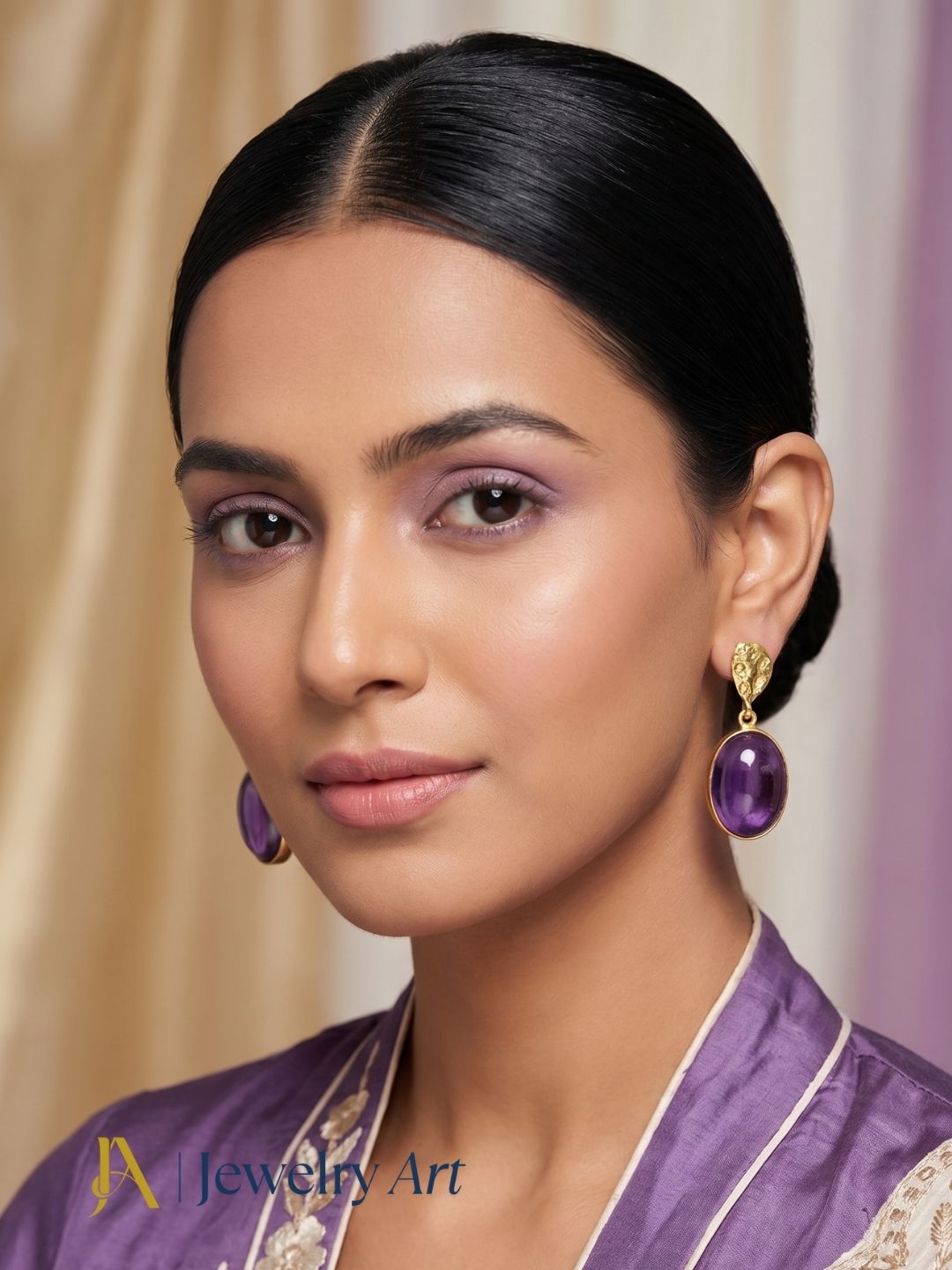 Model showcasing lightweight amethyst gemstone earrings with gold plated finish
