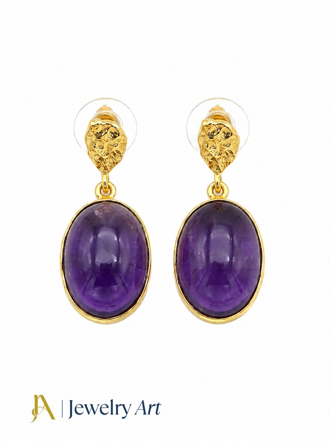 Amazing gold plated amethyst gemstone earrings displayed on a pure white background
