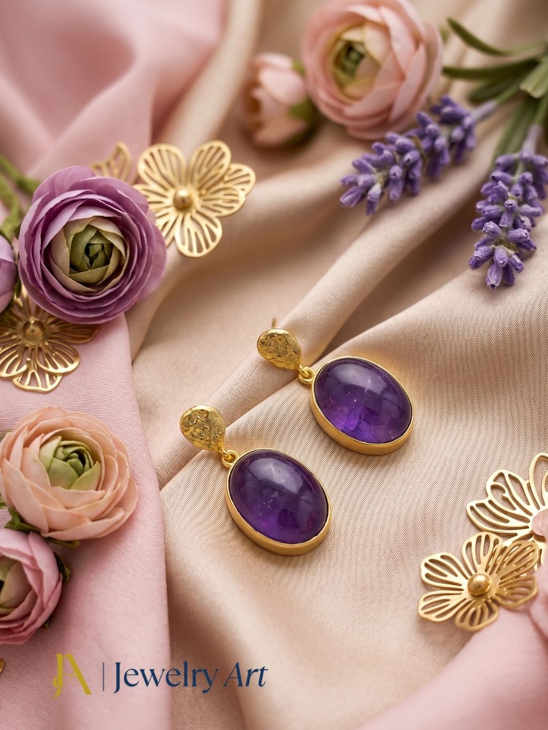 Lightweight amethyst gemstone earrings displayed with decorative props
