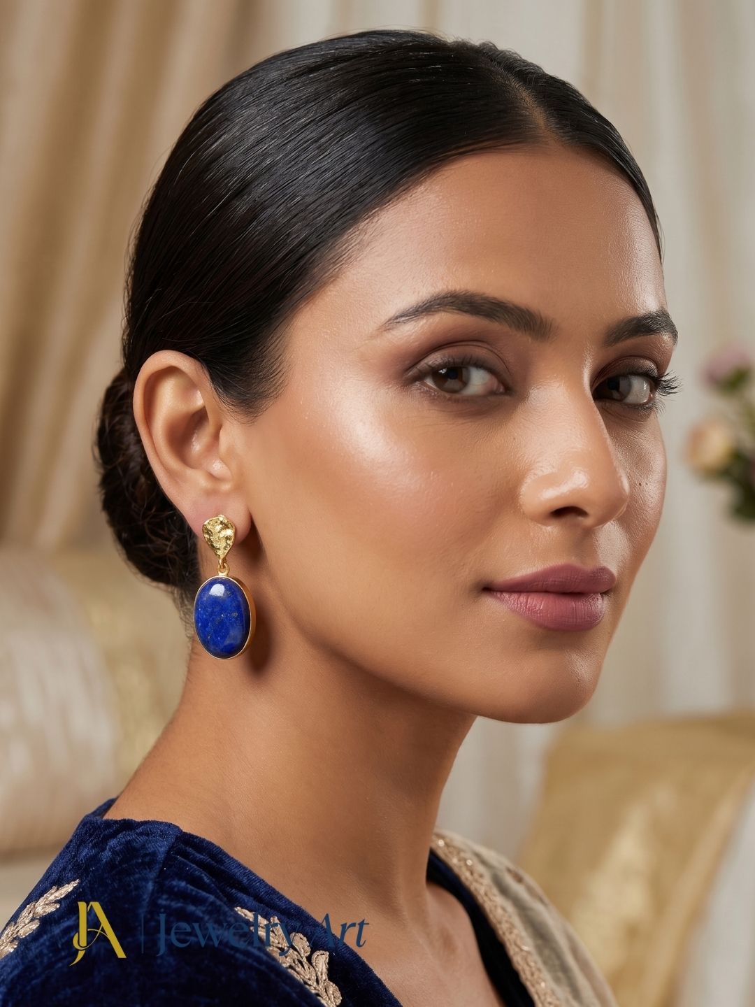 Fashion model wearing designer lapis dangle earrings for women
