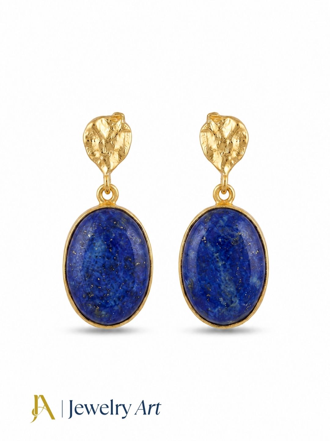 Amazing gold plated lapis gemstone earrings displayed on a pure white background
