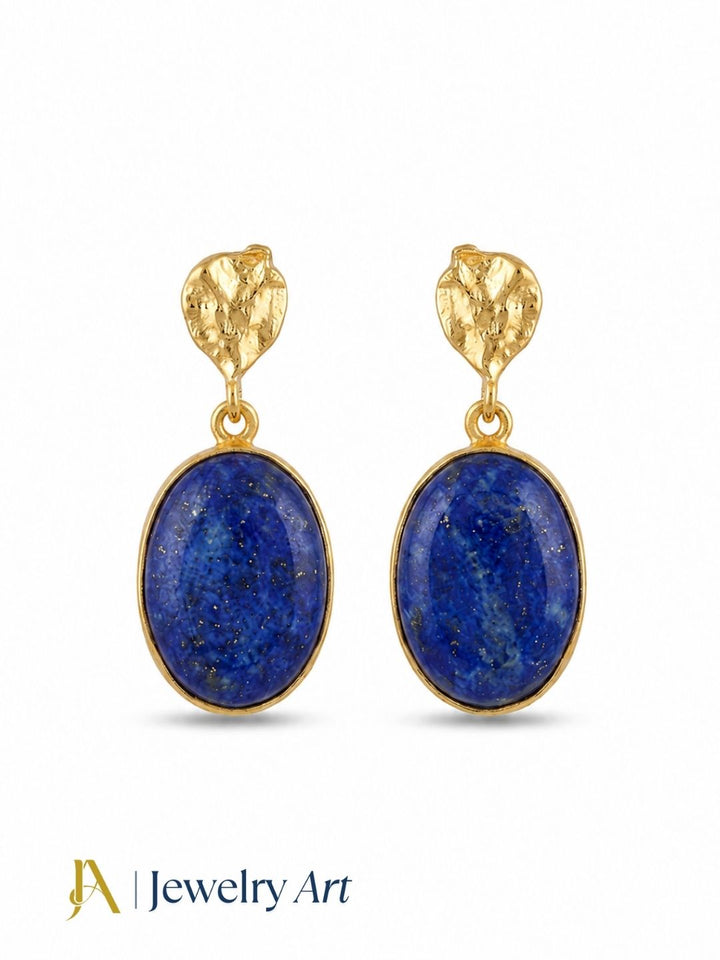 Amazing gold plated lapis gemstone earrings displayed on a pure white background
