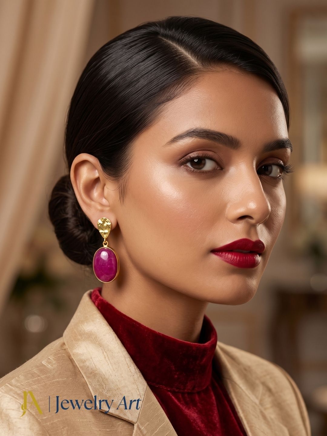 Model showcasing lightweight red Hathipara gemstone earrings with gold plated finish

