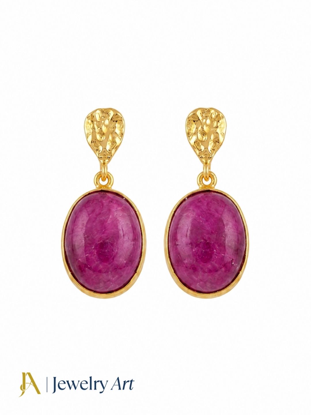 Amazing gold plated red Hathipara gemstone earrings displayed on a pure white background
