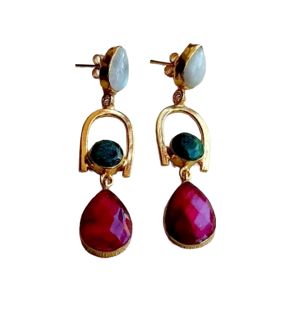 Handmade Gold Plated White Rainbow & Hathipara Earrings – Green Red Elegant Designer Dangles