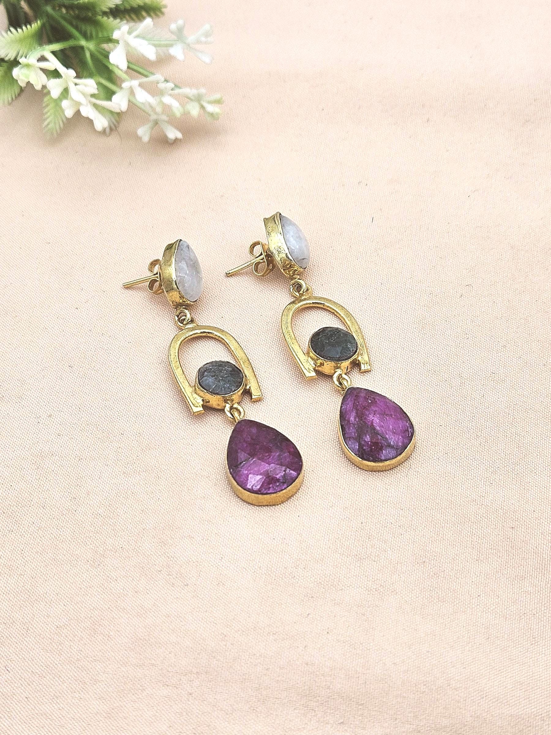 Handmade Gold Plated White Rainbow & Hathipara Earrings – Green Red Elegant Designer Dangles