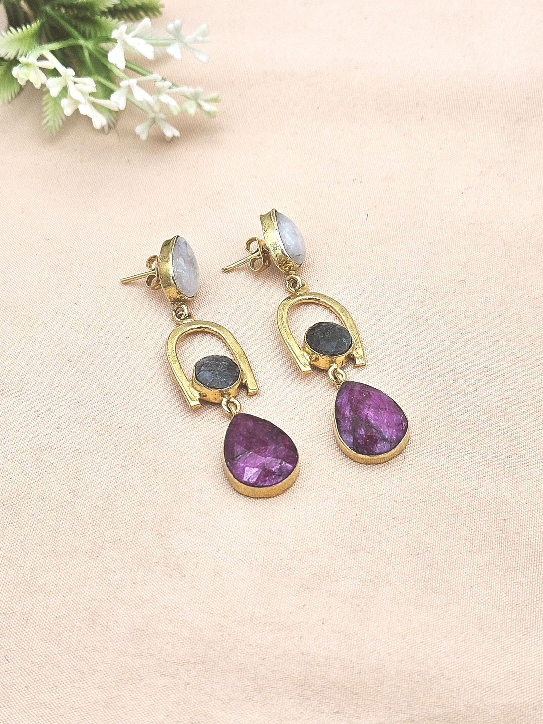 Handmade Gold Plated White Rainbow & Hathipara Earrings – Green Red Elegant Designer Dangles