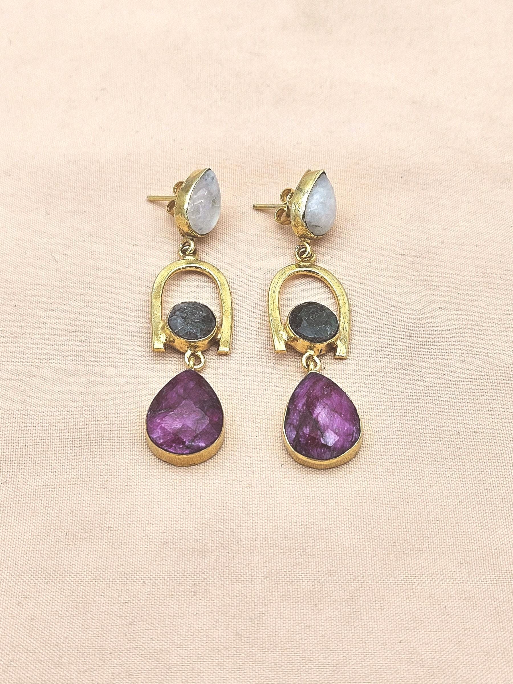 Handmade Gold Plated White Rainbow & Hathipara Earrings – Green Red Elegant Designer Dangles