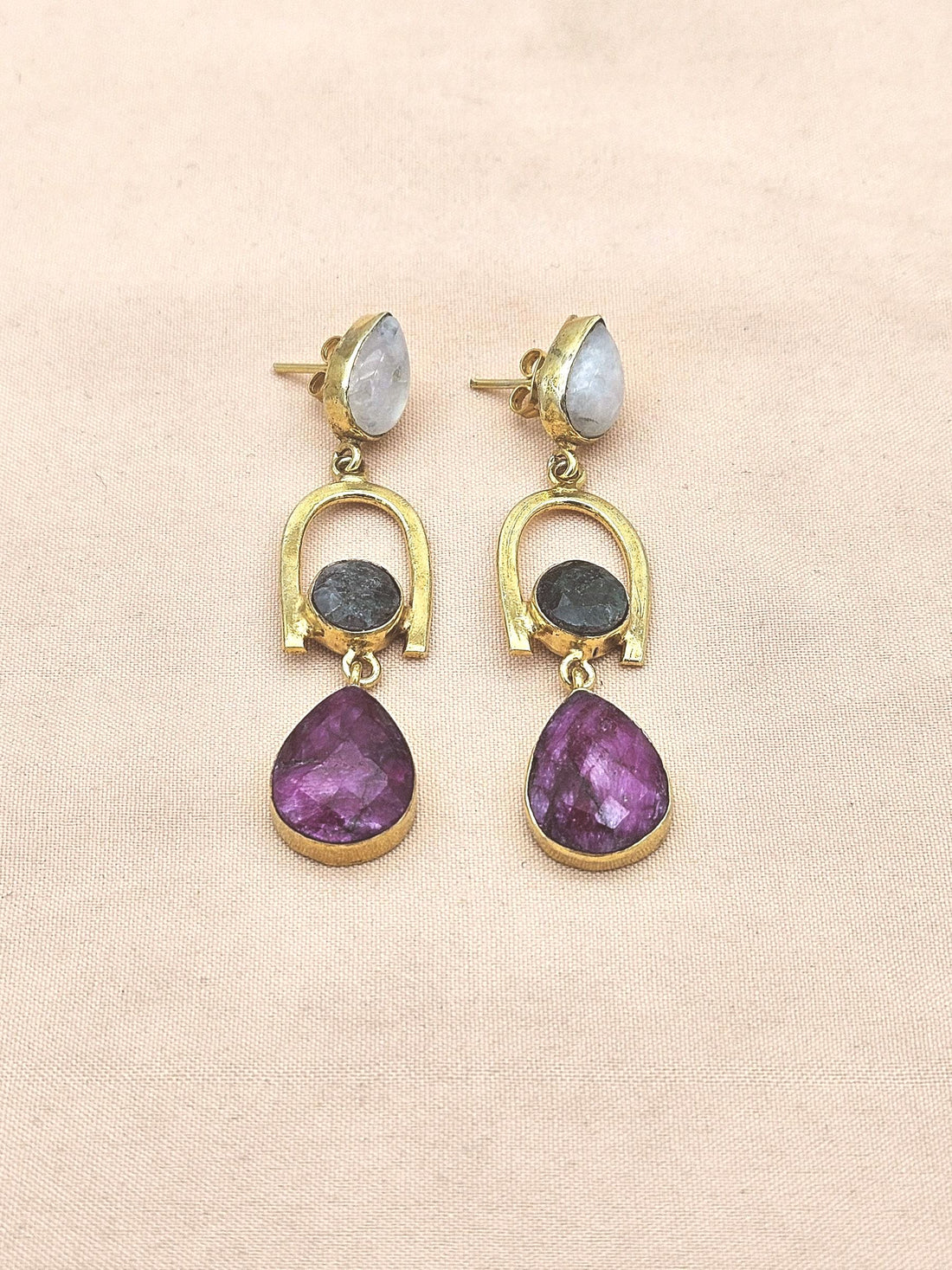 Handmade Gold Plated White Rainbow & Hathipara Earrings – Green Red Elegant Designer Dangles