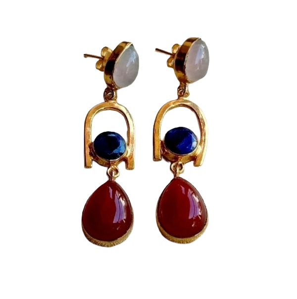 Handmade Gold Plated ROSE QUARTZ-BLUE HATHIPARA-RED ONYX Earrings – Elegant Designer Dangles