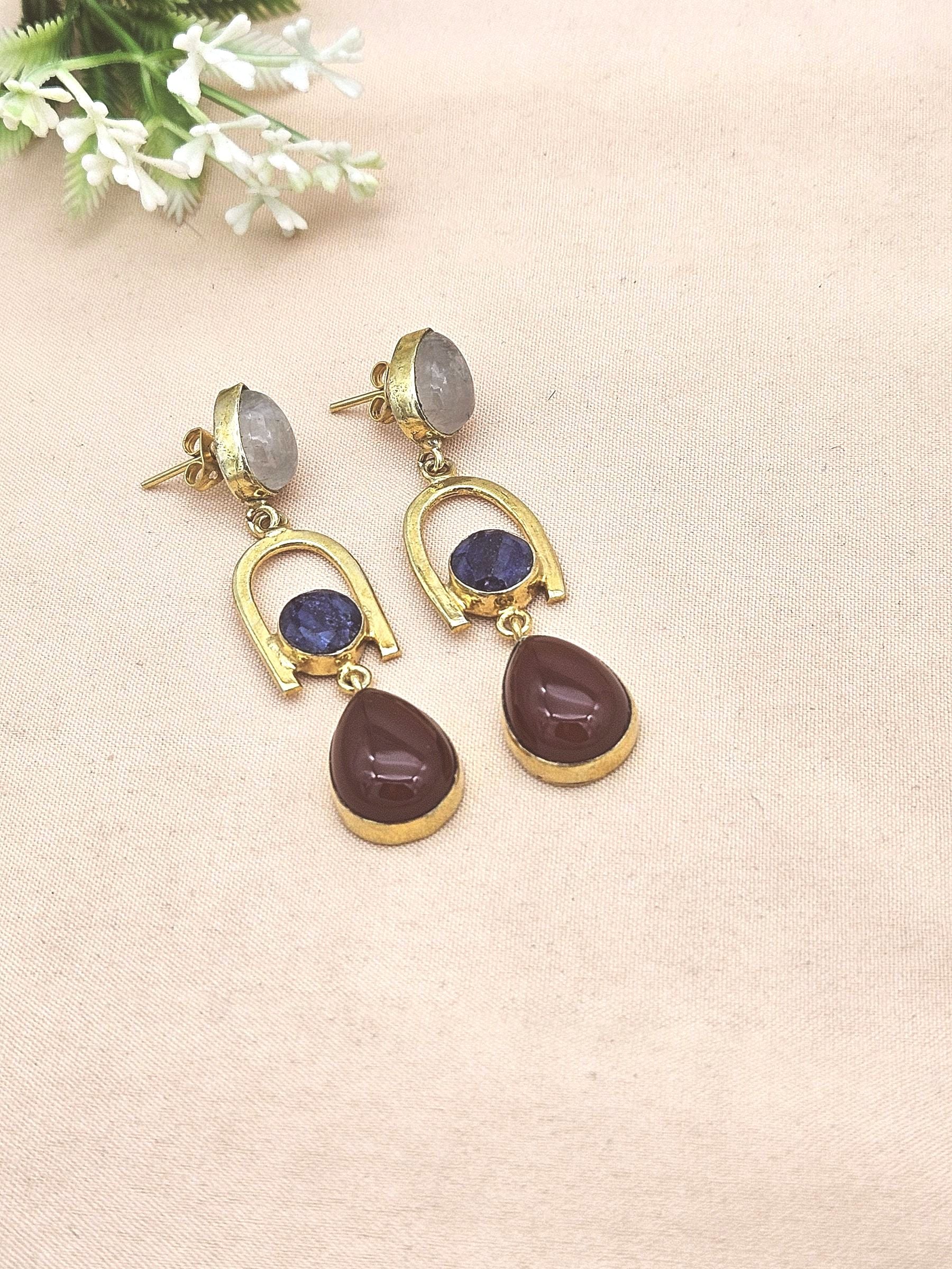 Handmade Gold Plated ROSE QUARTZ-BLUE HATHIPARA-RED ONYX Earrings – Elegant Designer Dangles