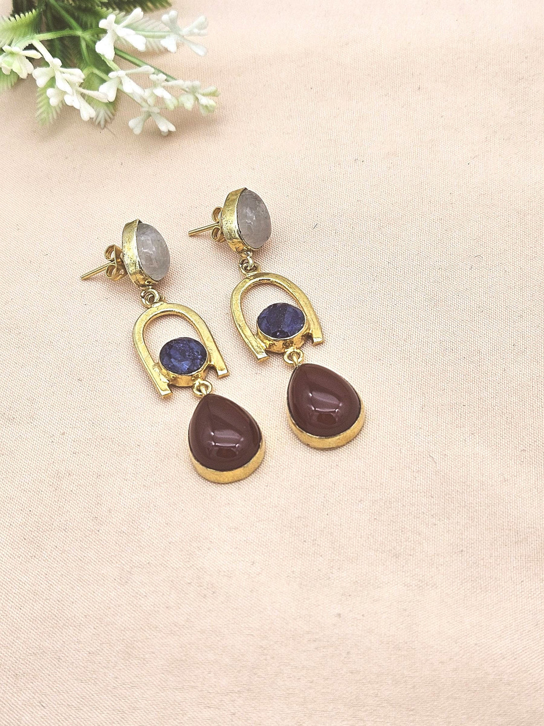 Handmade Gold Plated ROSE QUARTZ-BLUE HATHIPARA-RED ONYX Earrings – Elegant Designer Dangles