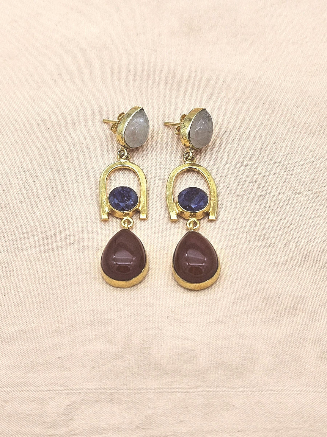 Handmade Gold Plated ROSE QUARTZ-BLUE HATHIPARA-RED ONYX Earrings – Elegant Designer Dangles