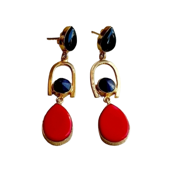 Handmade Gold Plated Black Onyx-Coral Stone Earrings – Elegant Designer Dangles
