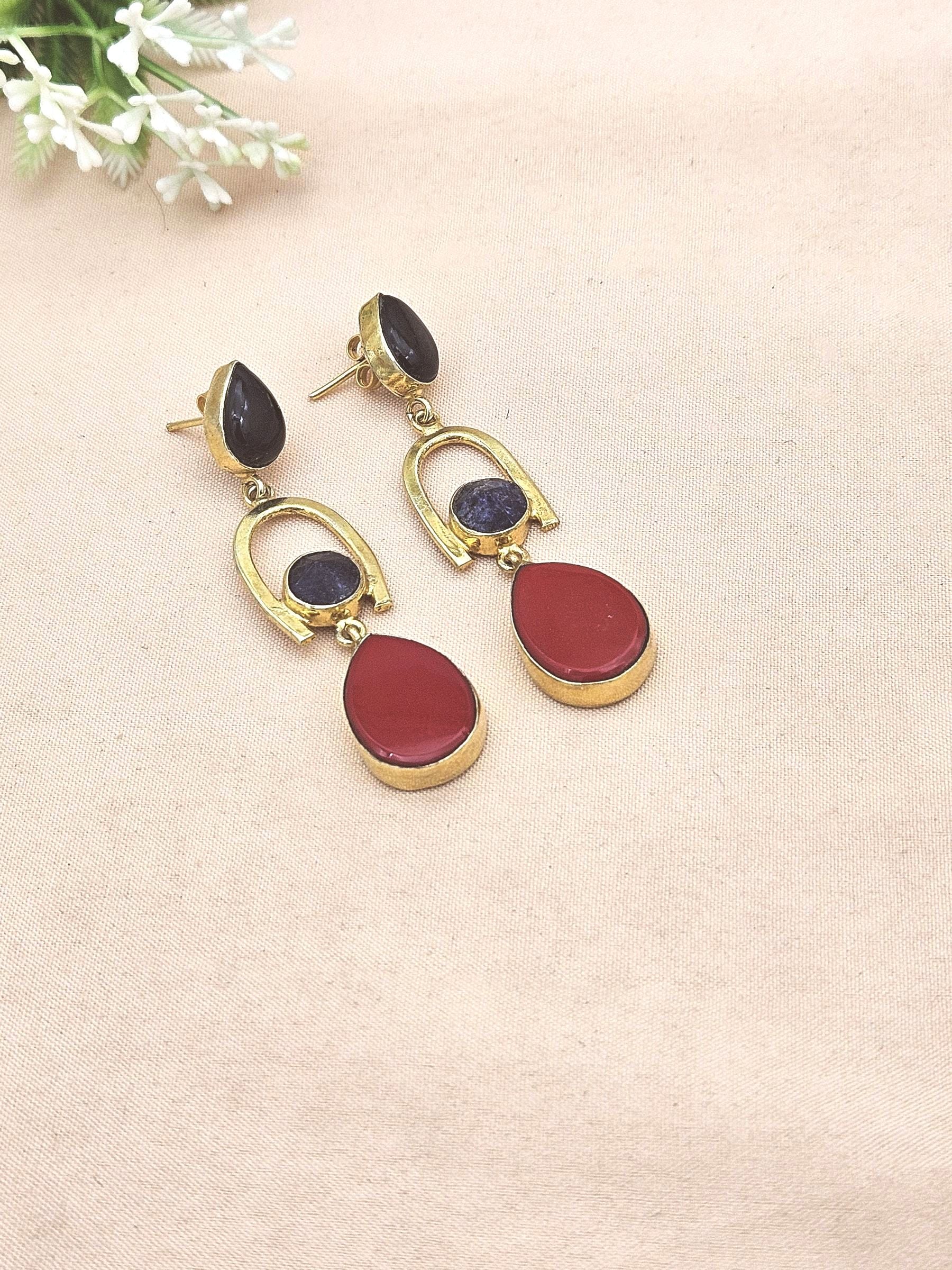 Handmade Gold Plated Black Onyx-Coral Stone Earrings – Elegant Designer Dangles