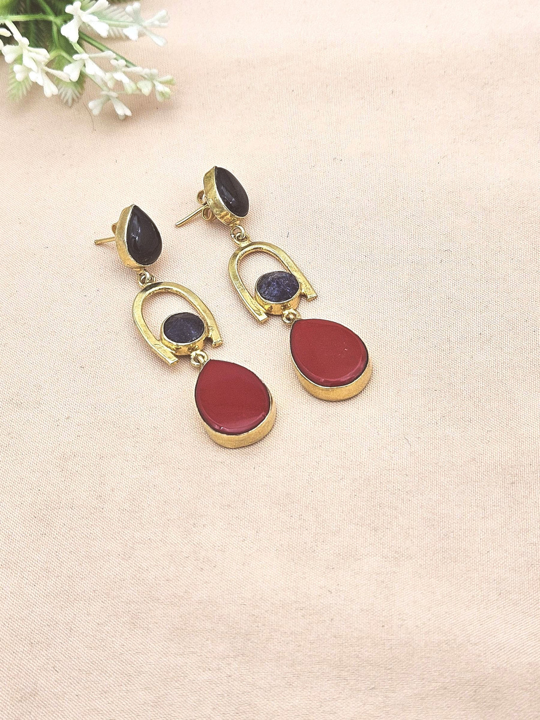 Handmade Gold Plated Black Onyx-Coral Stone Earrings – Elegant Designer Dangles