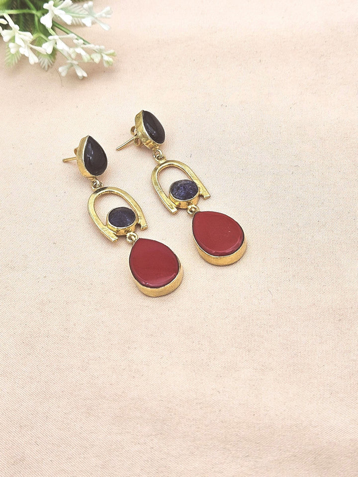 Handmade Gold Plated Black Onyx-Coral Stone Earrings – Elegant Designer Dangles