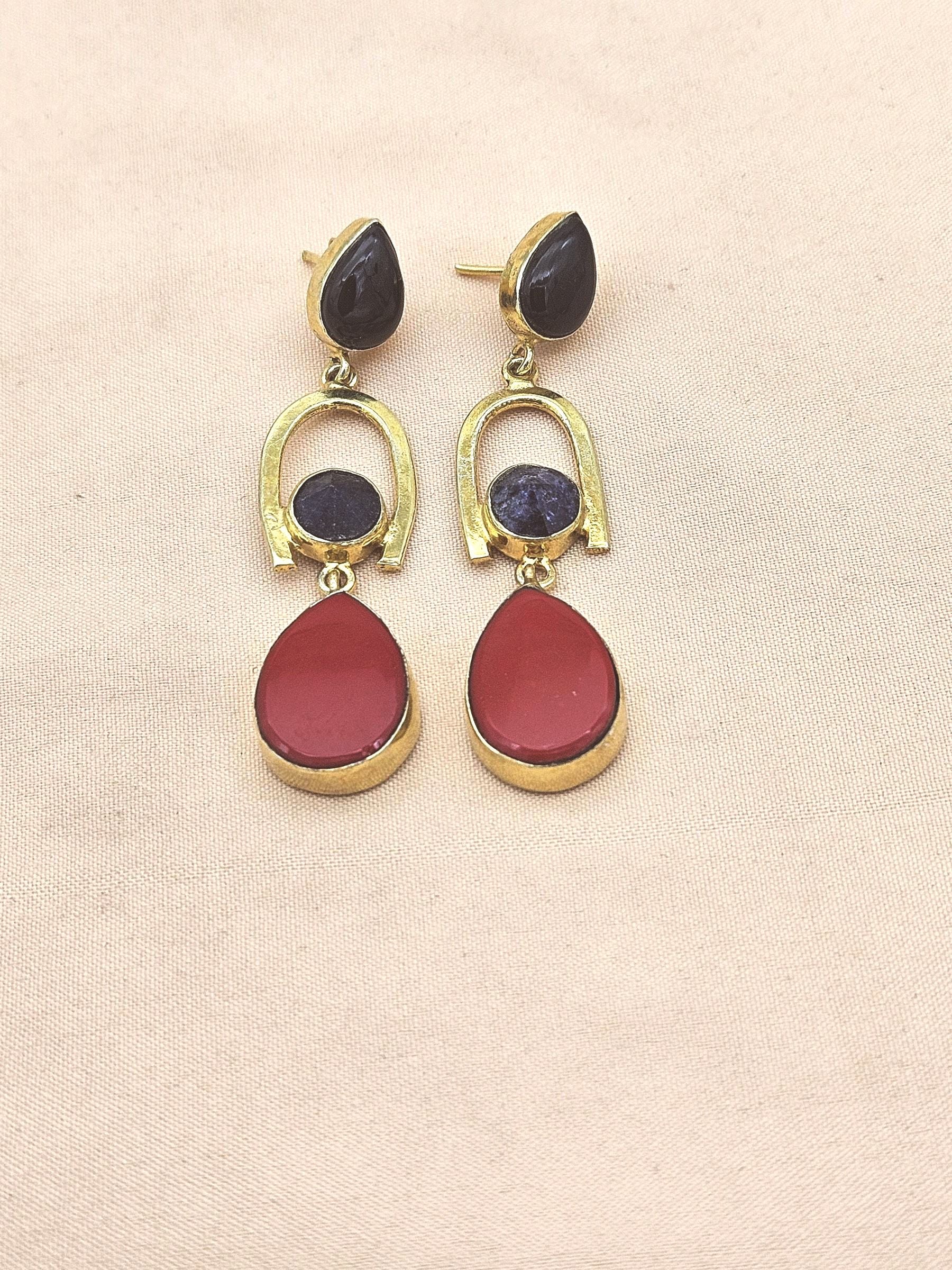 Handmade Gold Plated Black Onyx-Coral Stone Earrings – Elegant Designer Dangles