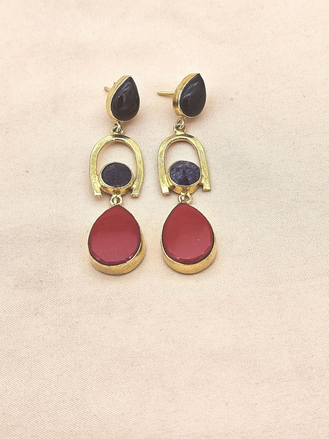 Handmade Gold Plated Black Onyx-Coral Stone Earrings – Elegant Designer Dangles