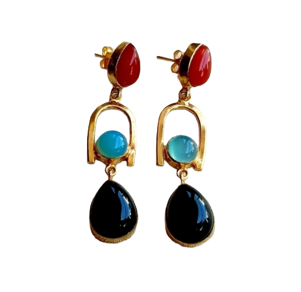 Handmade Gold Plated Chalcedony-Red & Black Onyx Stone Earrings – Elegant Designer Dangles