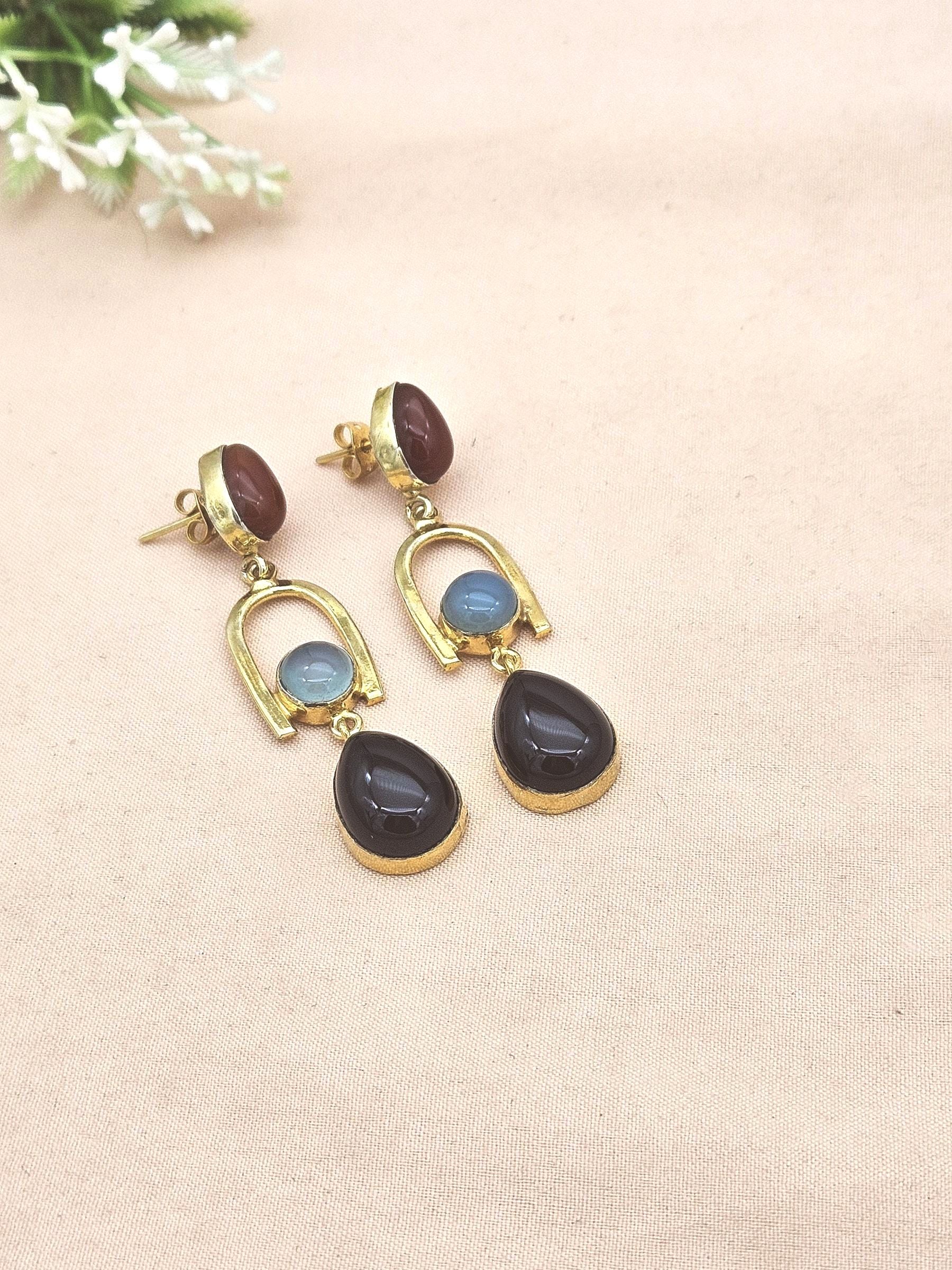 Handmade Gold Plated Chalcedony-Red & Black Onyx Stone Earrings – Elegant Designer Dangles