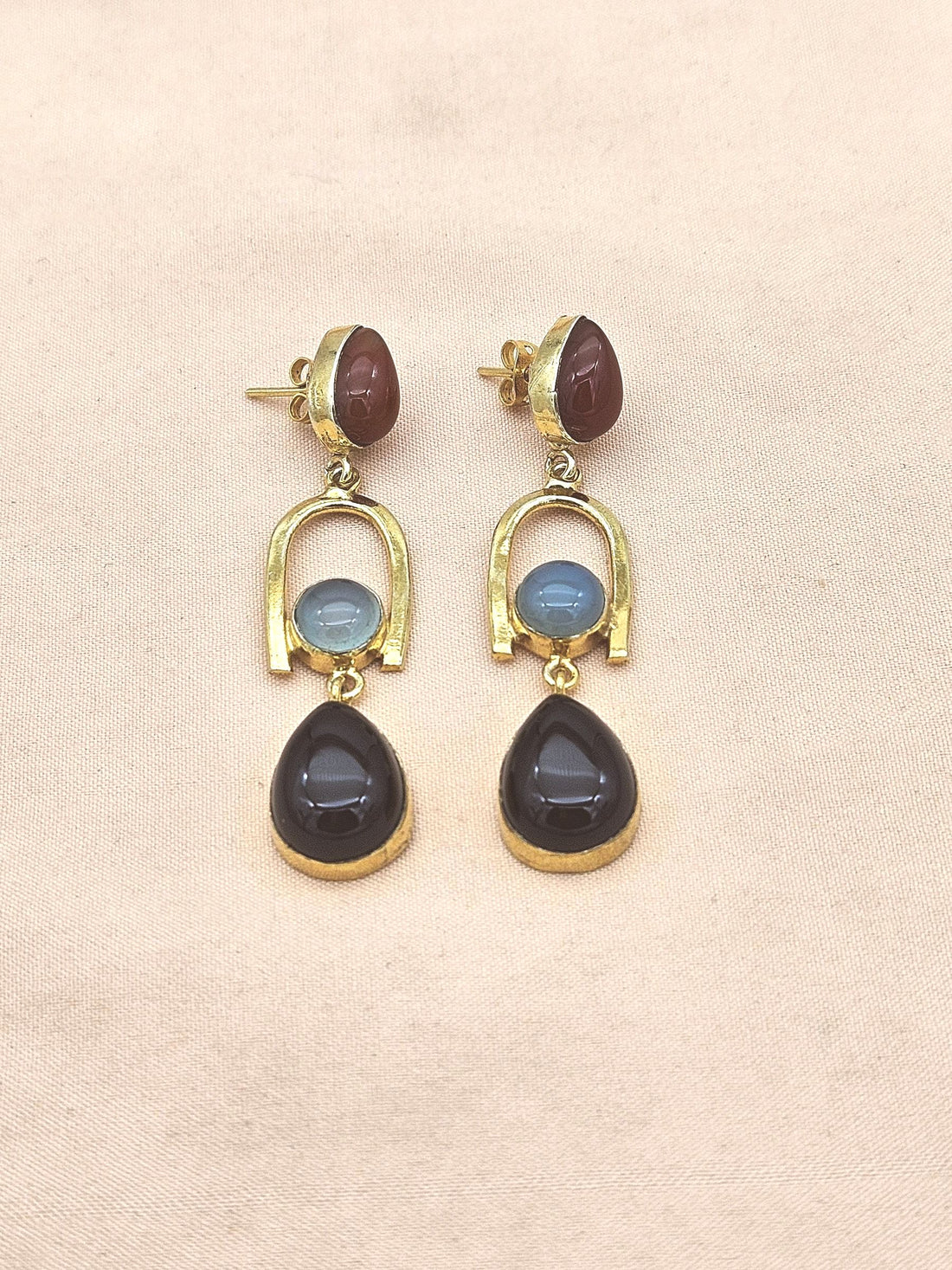 Handmade Gold Plated Chalcedony-Red & Black Onyx Stone Earrings – Elegant Designer Dangles