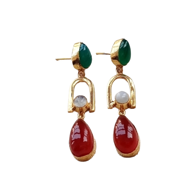 Handmade Gold Plated Green-Red Onyx-White Rainbow Stone Earrings – Elegant Designer Dangles