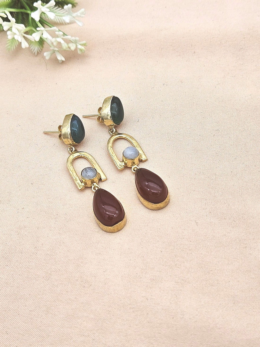 Handmade Gold Plated Green-Red Onyx-White Rainbow Stone Earrings – Elegant Designer Dangles