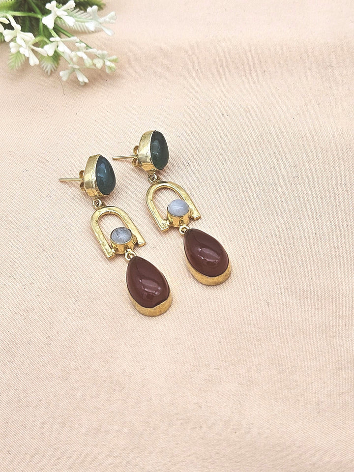 Handmade Gold Plated Green-Red Onyx-White Rainbow Stone Earrings – Elegant Designer Dangles