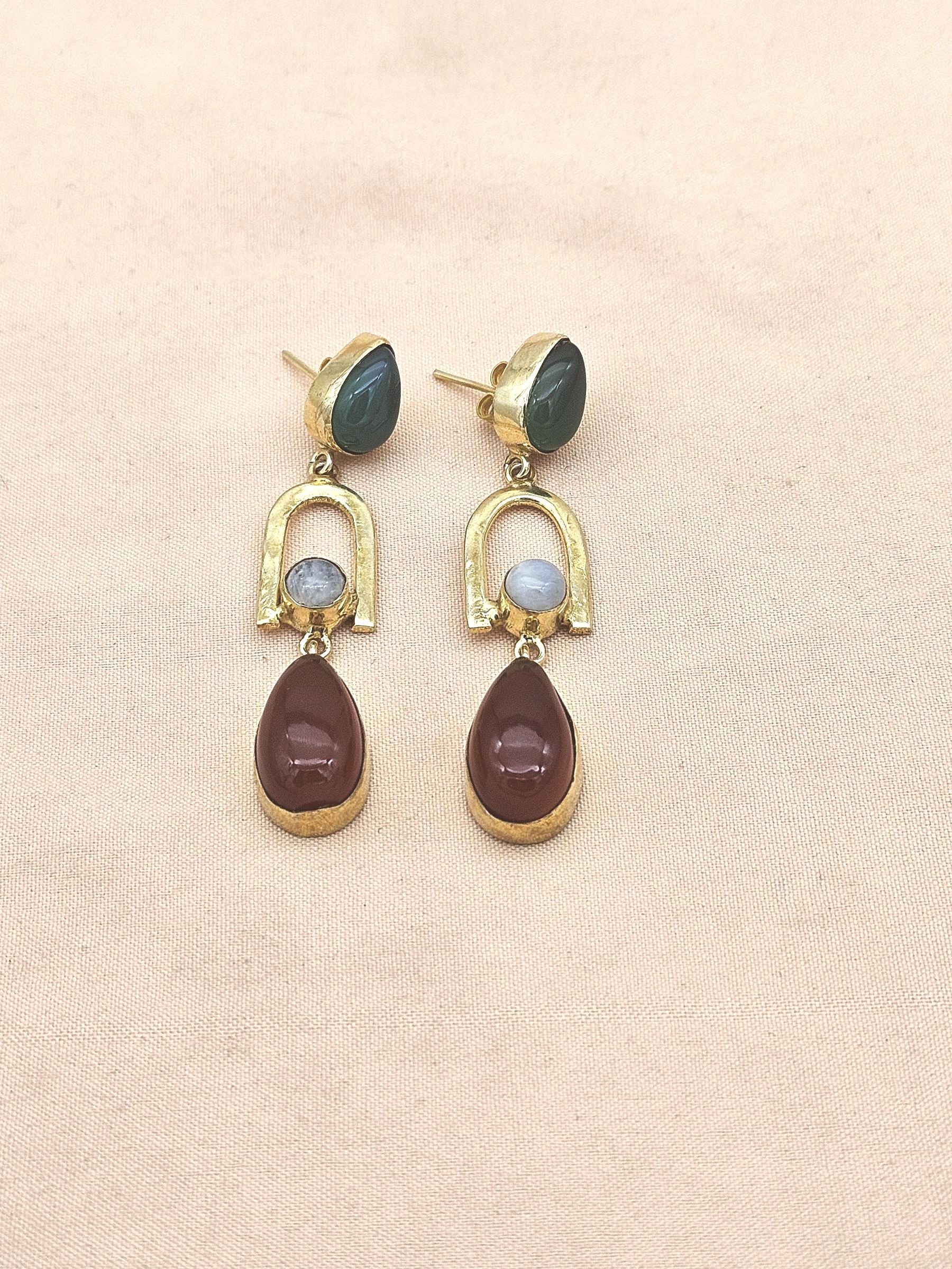 Handmade Gold Plated Green-Red Onyx-White Rainbow Stone Earrings – Elegant Designer Dangles