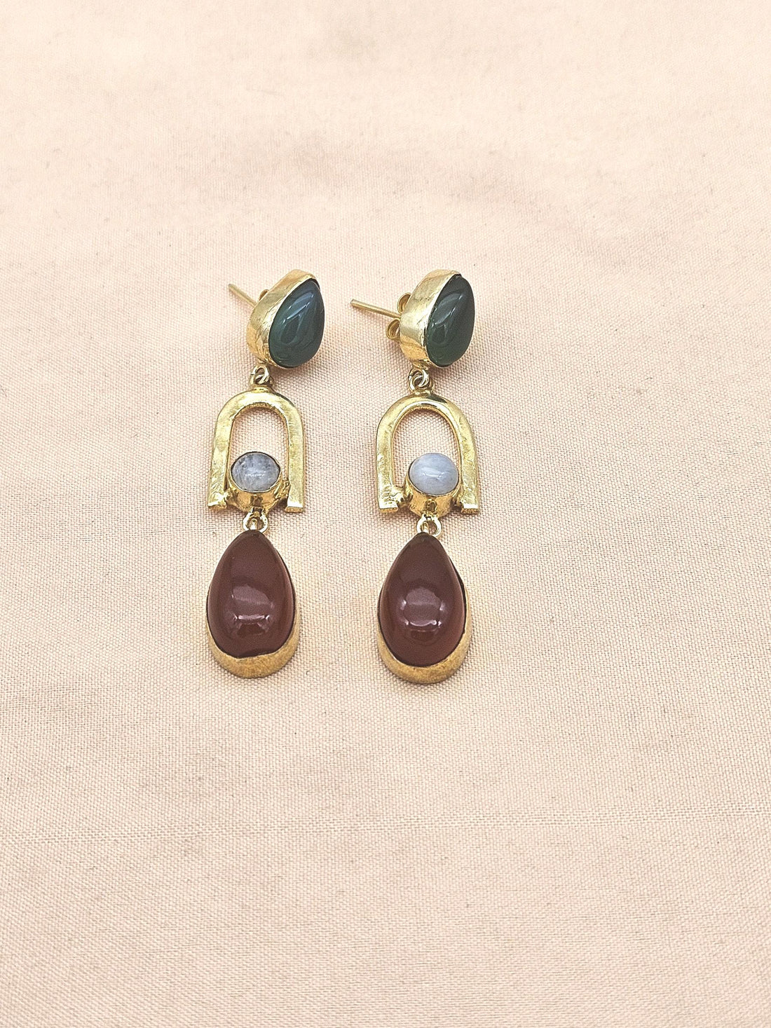 Handmade Gold Plated Green-Red Onyx-White Rainbow Stone Earrings – Elegant Designer Dangles