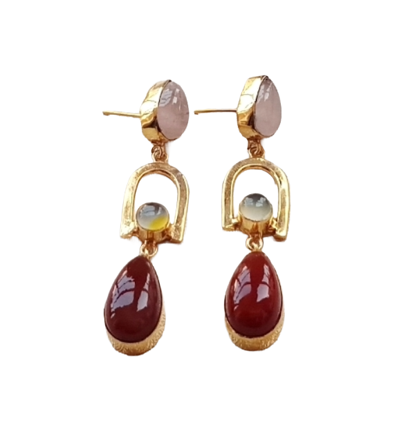 Handmade Gold Plated Rose Quartz-Aqua-Red Onyx Stone Earrings – Elegant Designer Dangles