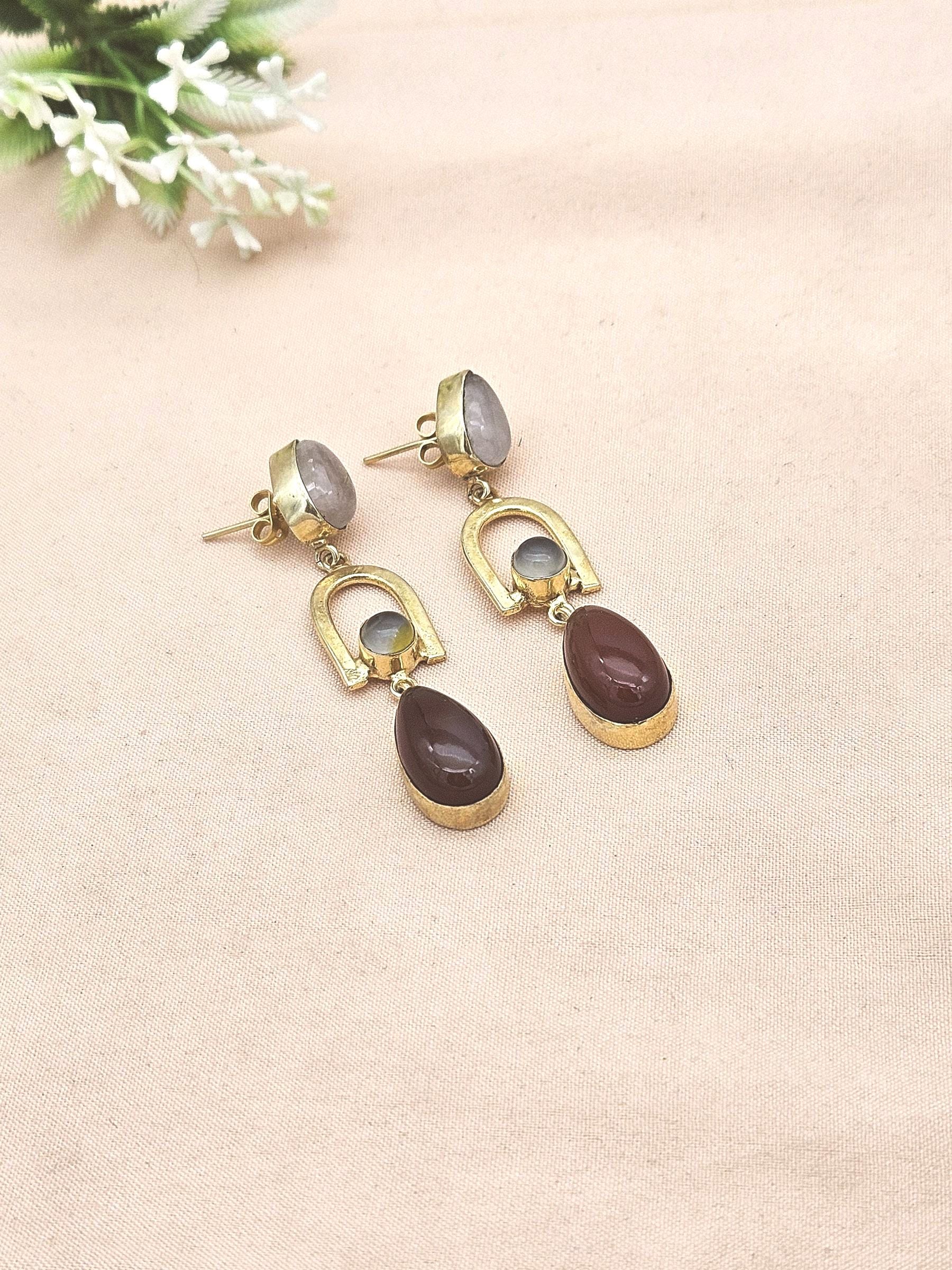 Handmade Gold Plated Rose Quartz-Aqua-Red Onyx Stone Earrings – Elegant Designer Dangles