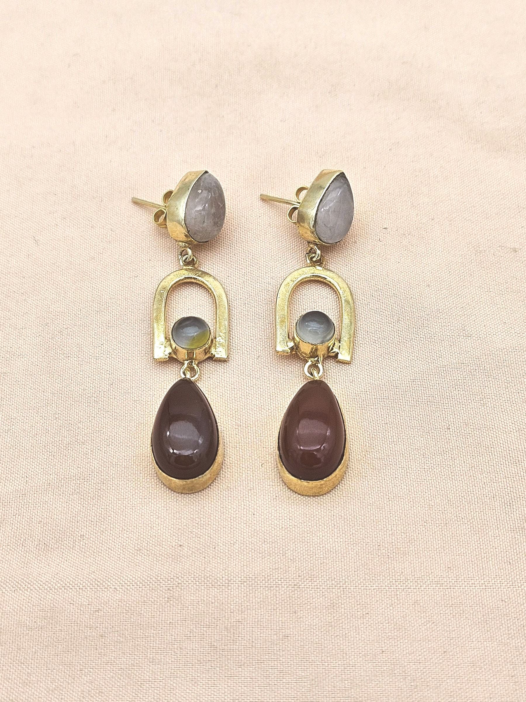 Handmade Gold Plated Rose Quartz-Aqua-Red Onyx Stone Earrings – Elegant Designer Dangles