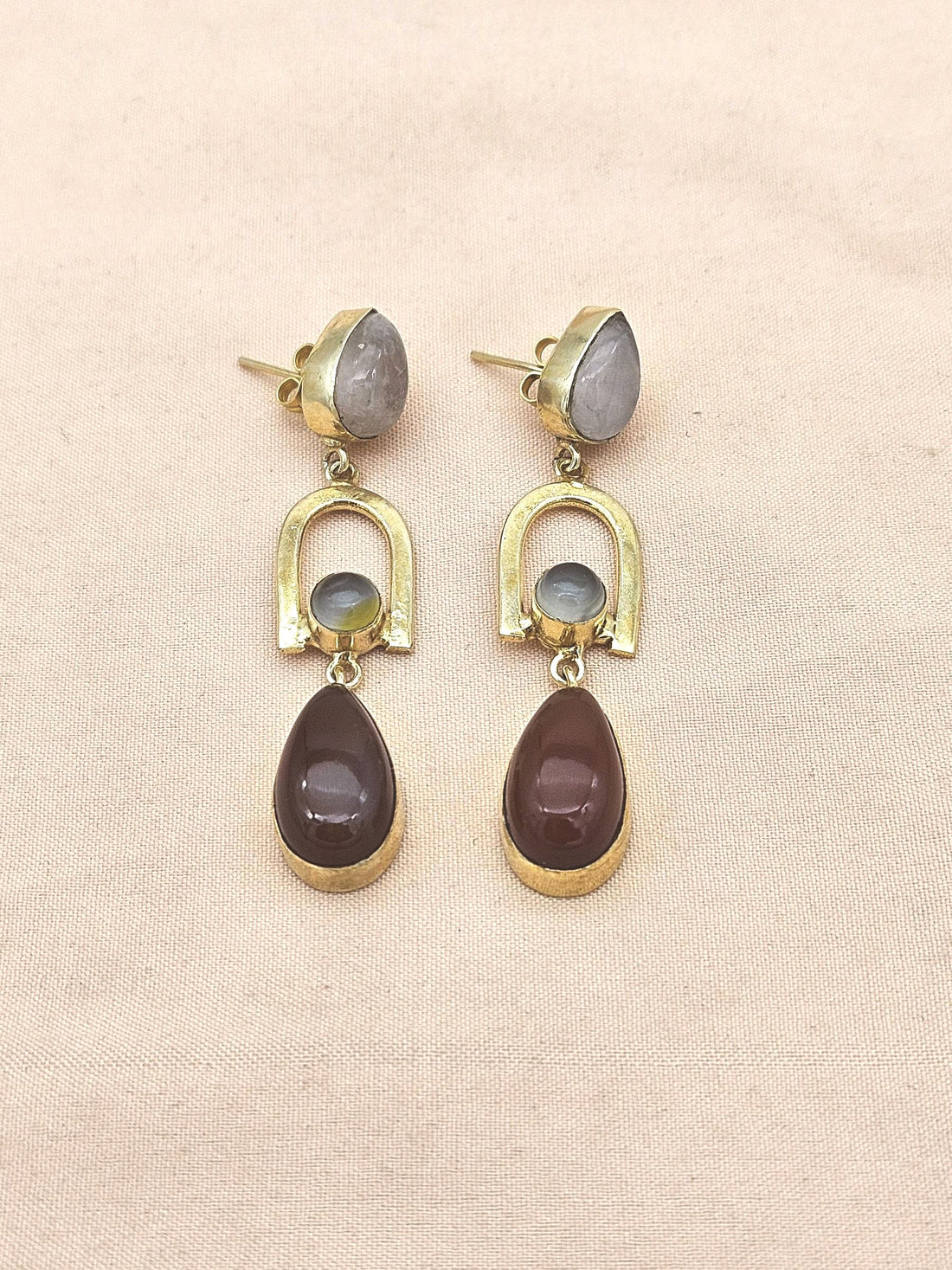 Handmade Gold Plated Rose Quartz-Aqua-Red Onyx Stone Earrings – Elegant Designer Dangles