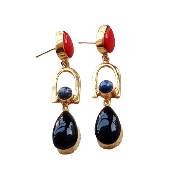 Handmade Gold Plated Black Onyx-Lapis-Coral Stone Earrings – Elegant Designer Dangles