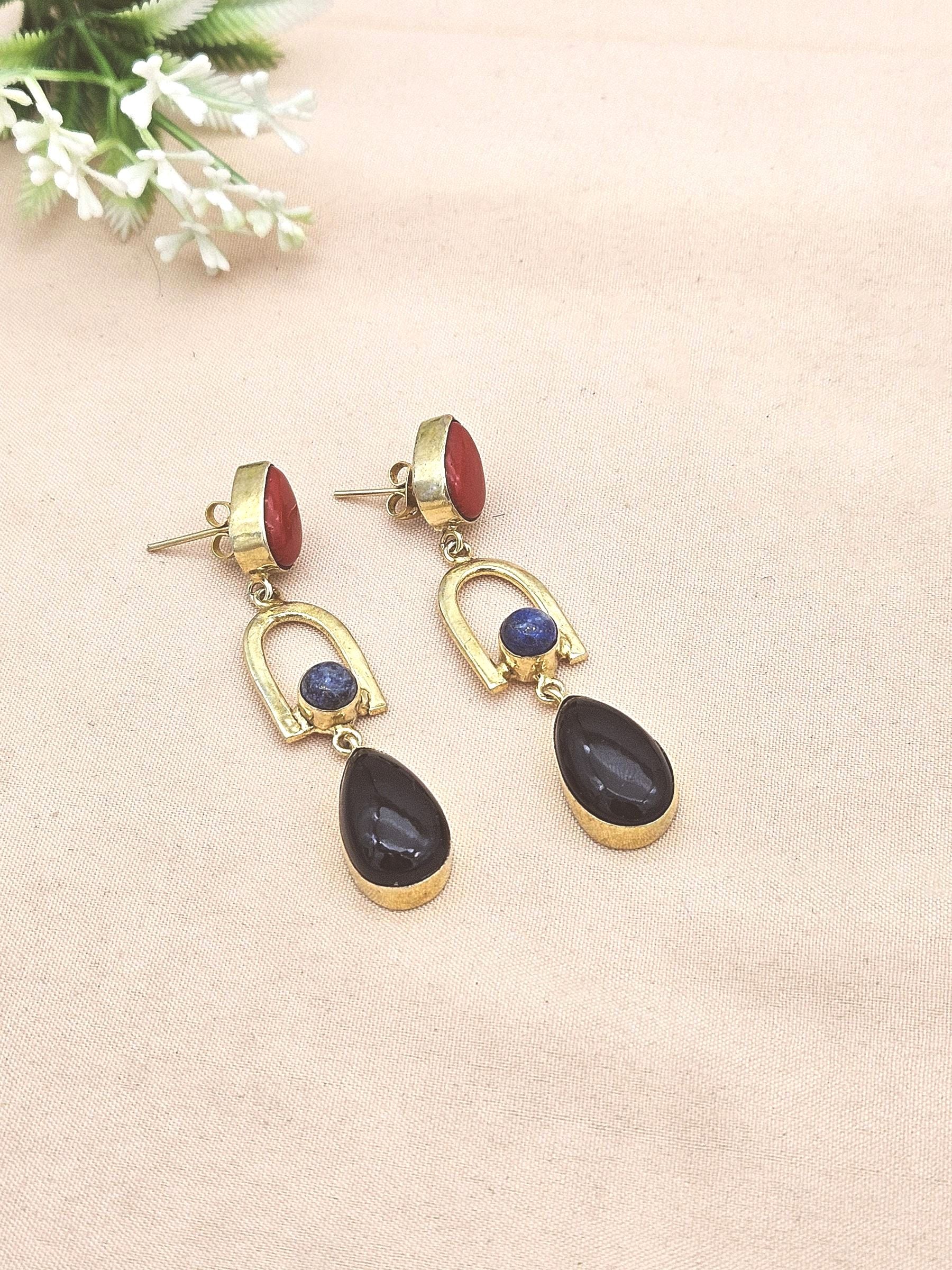 Handmade Gold Plated Black Onyx-Lapis-Coral Stone Earrings – Elegant Designer Dangles