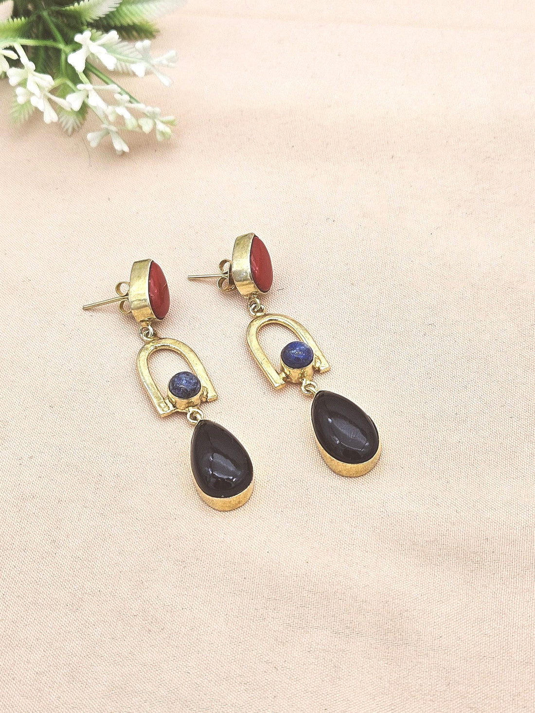 Handmade Gold Plated Black Onyx-Lapis-Coral Stone Earrings – Elegant Designer Dangles