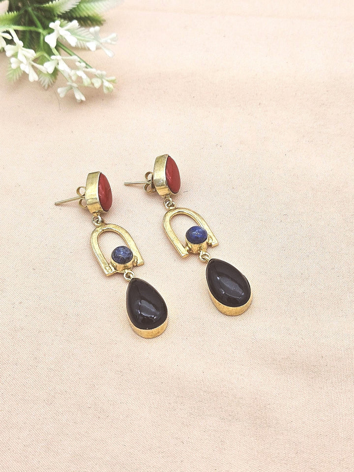Handmade Gold Plated Black Onyx-Lapis-Coral Stone Earrings – Elegant Designer Dangles