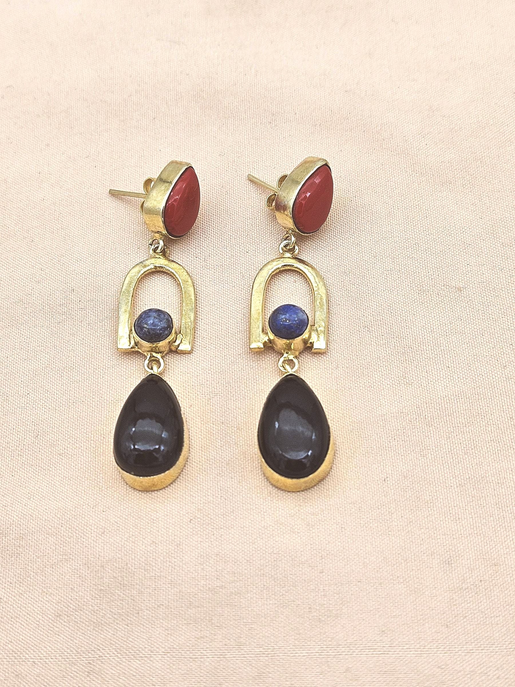 Handmade Gold Plated Black Onyx-Lapis-Coral Stone Earrings – Elegant Designer Dangles