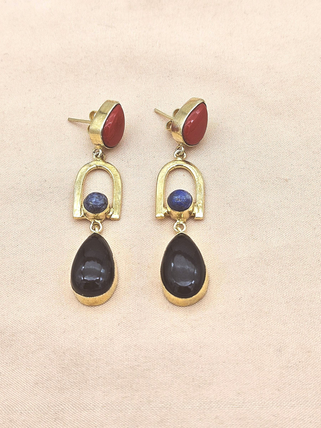 Handmade Gold Plated Black Onyx-Lapis-Coral Stone Earrings – Elegant Designer Dangles