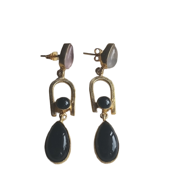 Handmade Gold Plated Black Onyx-Rose Quartz Stone Earrings – Elegant Designer Dangles