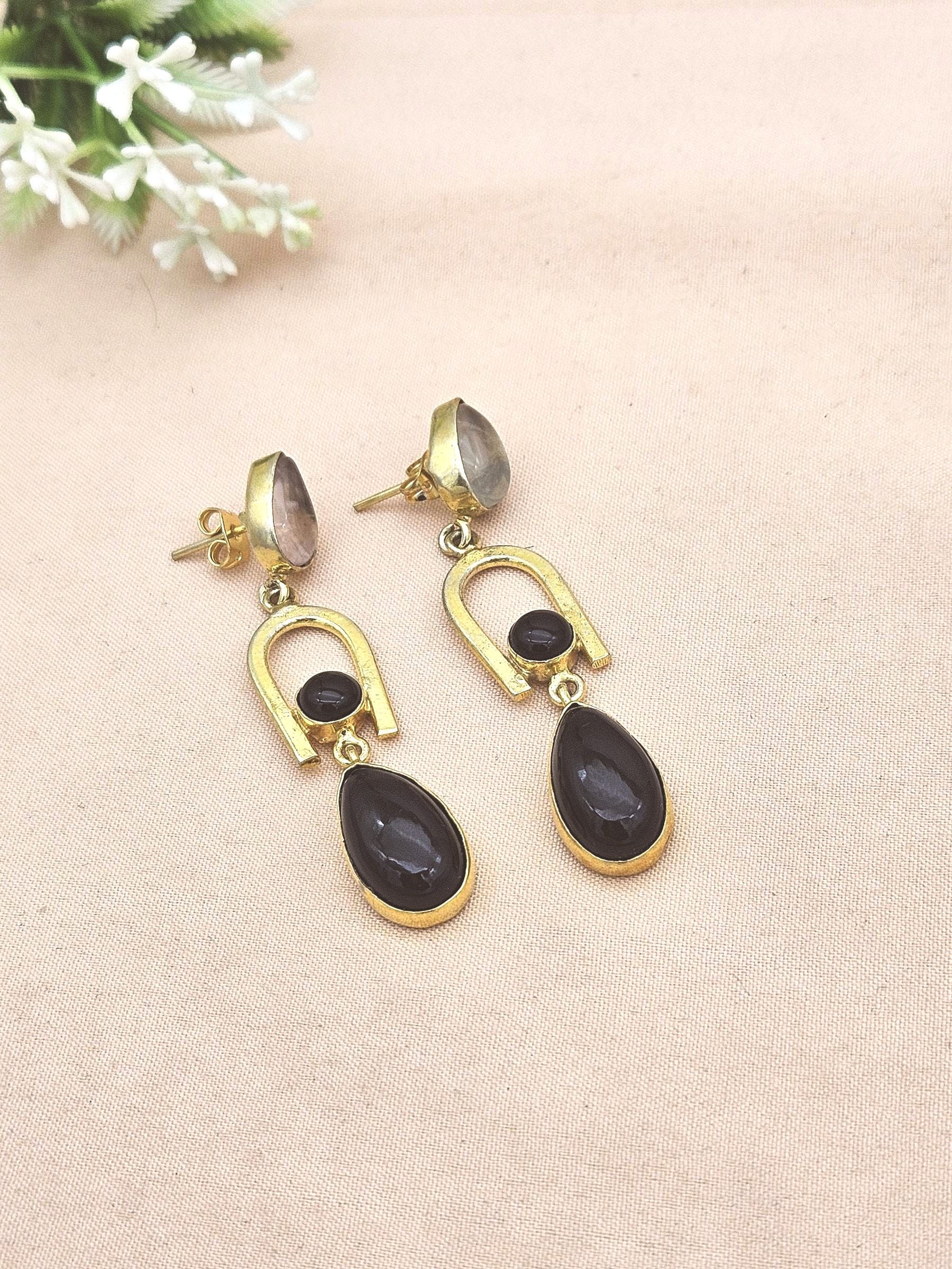 Handmade Gold Plated Black Onyx-Rose Quartz Stone Earrings – Elegant Designer Dangles