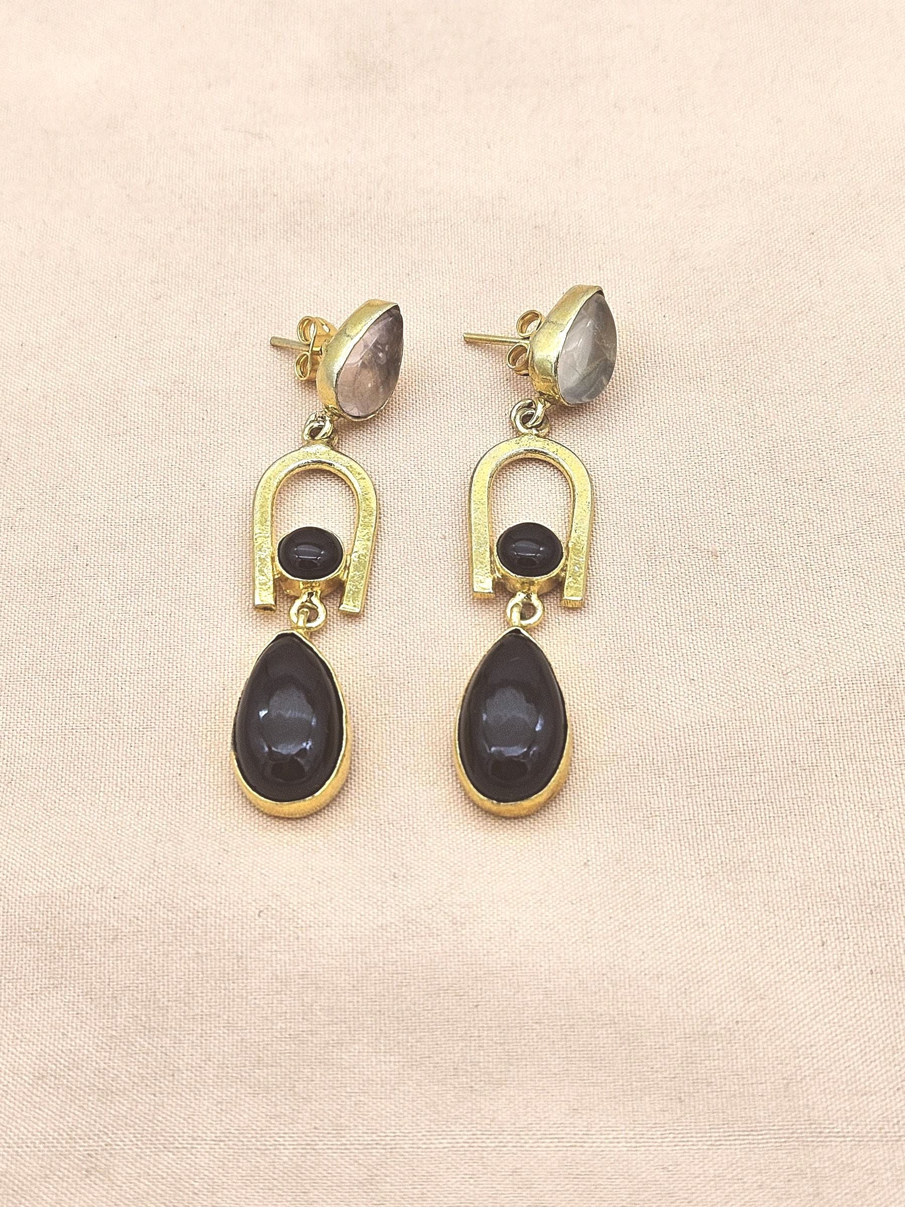 Handmade Gold Plated Black Onyx-Rose Quartz Stone Earrings – Elegant Designer Dangles