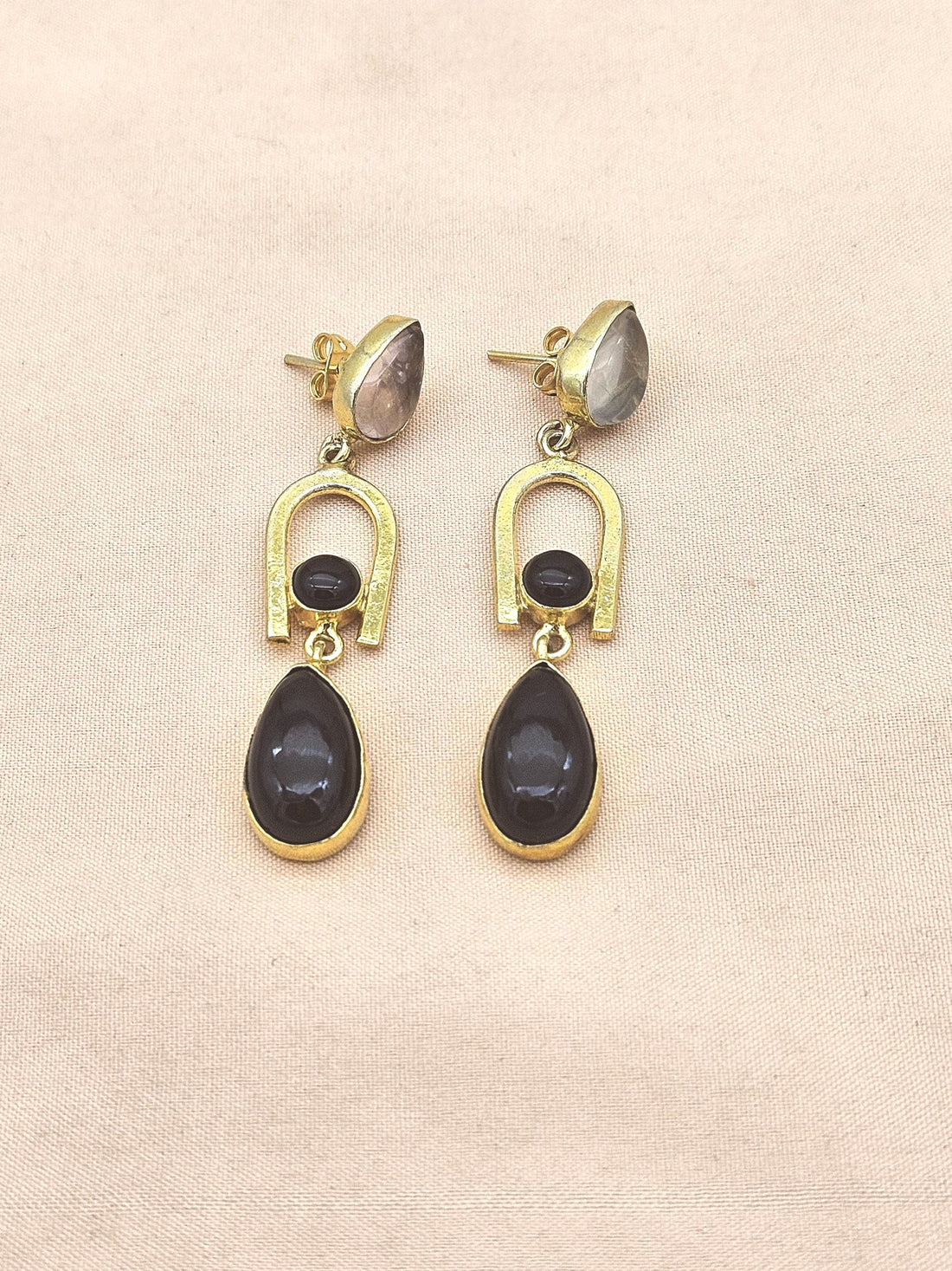 Handmade Gold Plated Black Onyx-Rose Quartz Stone Earrings – Elegant Designer Dangles