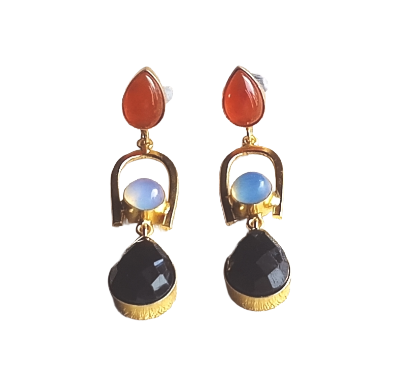 Handmade Gold Plated Red Onyx-Sy.Opal-Black Onyx Stone Earrings – Elegant Designer Dangles