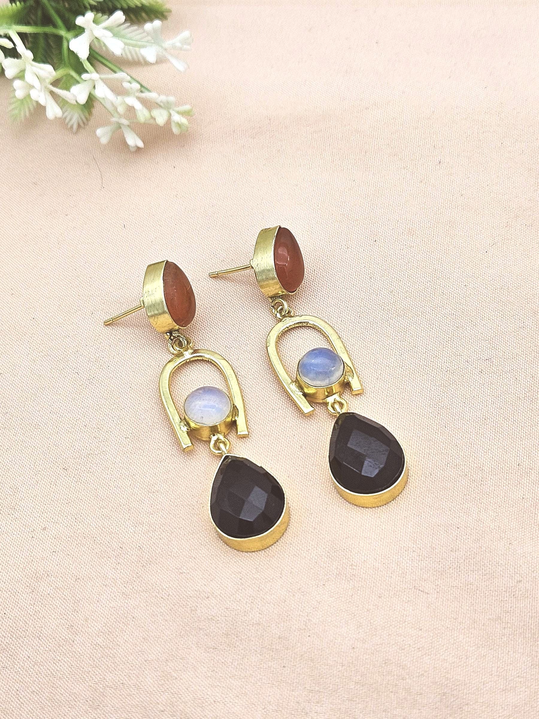 Handmade Gold Plated Red Onyx-Sy.Opal-Black Onyx Stone Earrings – Elegant Designer Dangles